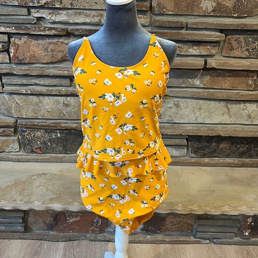 Coral Reef Swim Yellow Floral Ruffle High Waisted Tankini